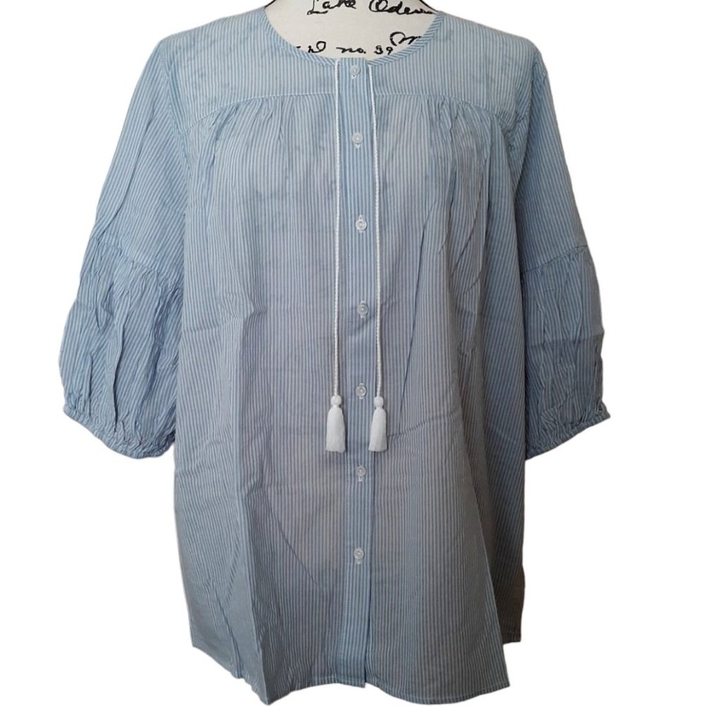 NYDJ Striped Button Up Tunic Blouse 3/4 Puff Sleeves Boho Peasant $99